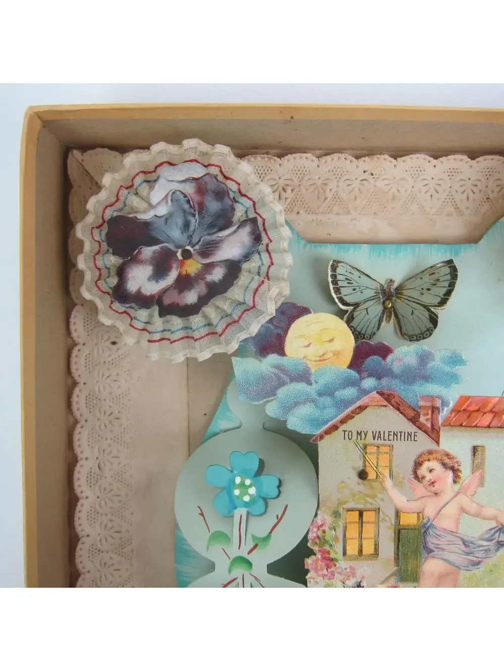 Antique Valentine 3D Cupid Cats Butterfly Moon Blue Fabric Large Store Box RARE